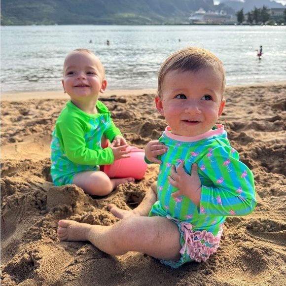 Ruffle Butts Green Flamingo Print Kids Swimwear - Picture 2 of 12